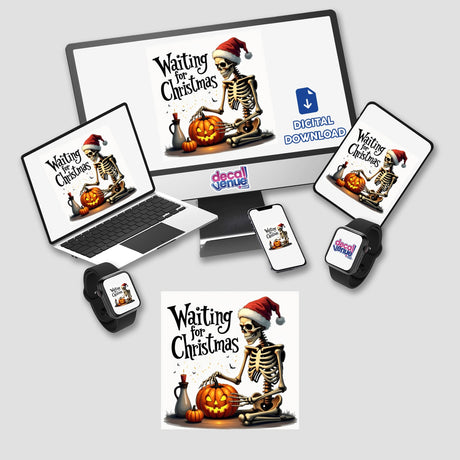 Skeleton Carving Pumpkin Waiting for Christmas digital artwork showing a skeleton in a Santa hat holding a pumpkin, with electronic devices like a laptop, tablet, and phone displaying skeletons.