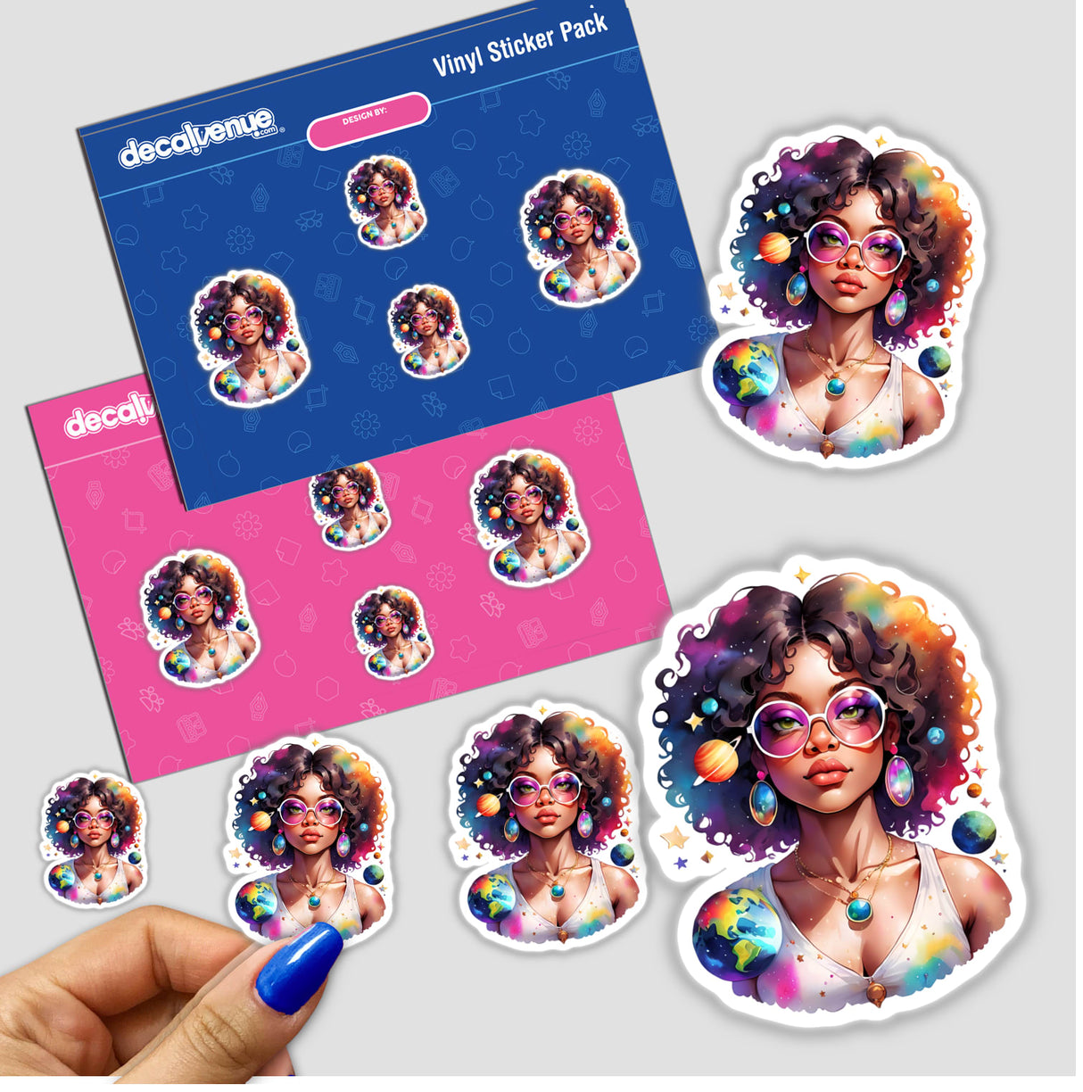 Sticker featuring an Afro hippie woman with jewelry and glasses, floating in space surrounded by stars and planets.