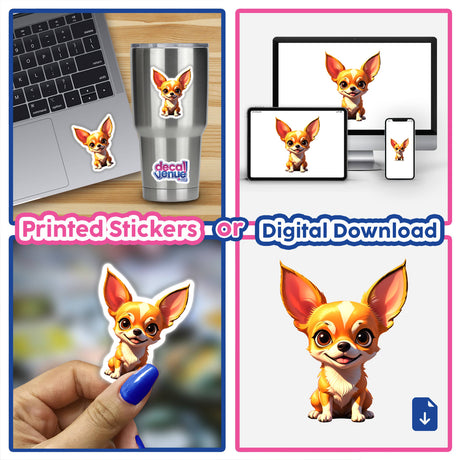 Collage featuring 'A Cute Chihuahua' as stickers and digital artwork, showing cartoon dogs with big ears, ideal for laptops, cups, and more from Decal Venue's unique collection.