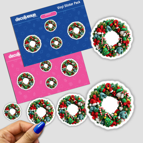 Sticker pack featuring 'Wreath Ugly Christmas Sweater Style' designs, showcasing various wreaths with festive decorations. A hand holds one sticker, highlighting the unique and playful nature of Decal Venue products.