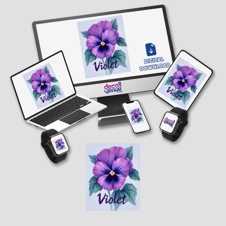 Personalized Violet Sticker or Clipart – Custom Floral Art with Commercial Rights featuring a computer monitor and laptop displaying vibrant purple flowers, aligning with Decal Venue's unique sticker and digital art offerings.