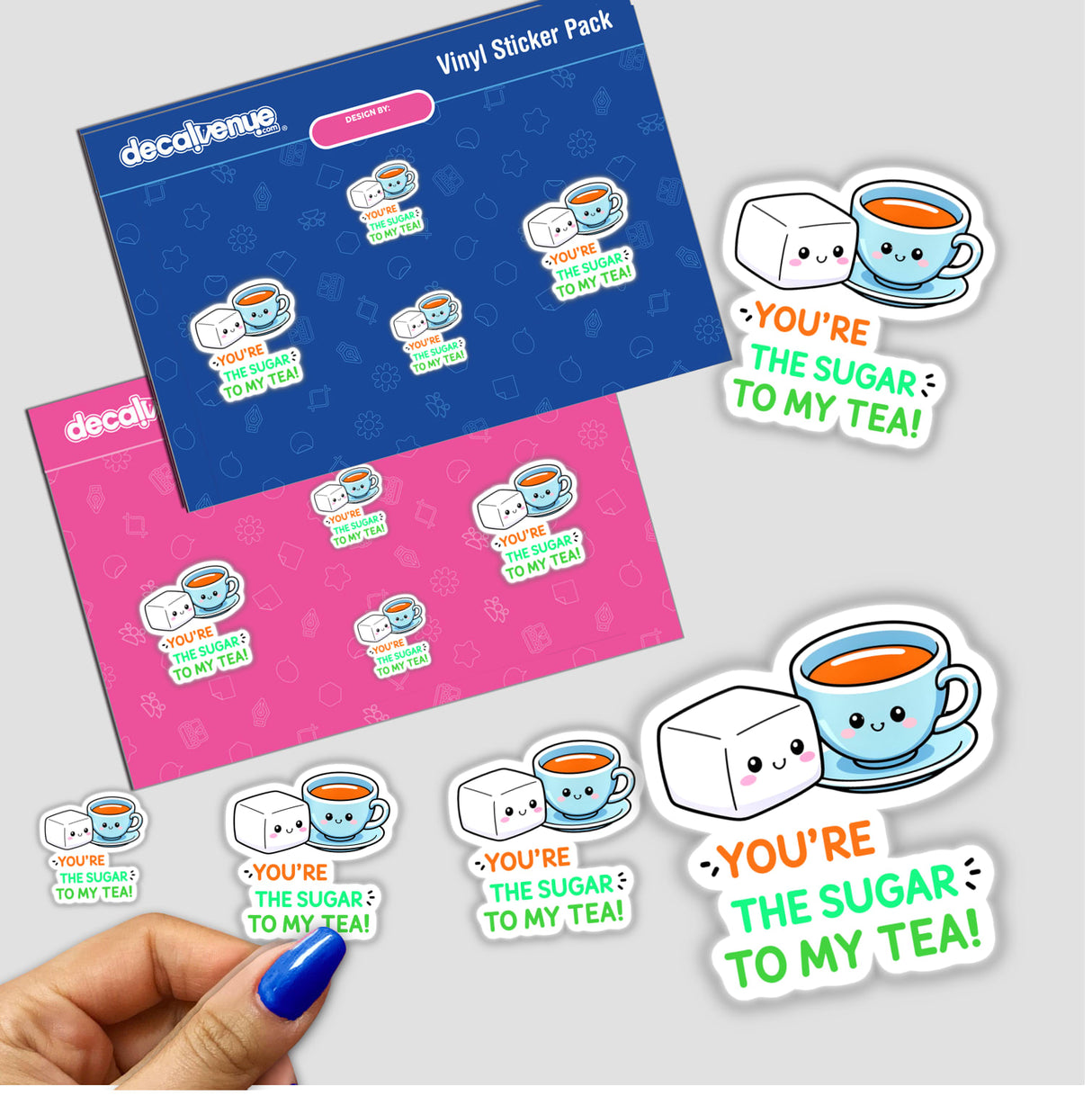 You're The Sugar To My Tea Funny Love Quote stickers featuring cartoon tea cups, sugar cubes, and marshmallows, available as unique vinyl stickers or digital artwork from Decal Venue.