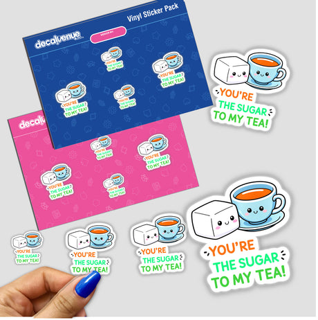 You're The Sugar To My Tea Funny Love Quote stickers featuring cartoon tea cups, sugar cubes, and marshmallows, available as unique vinyl stickers or digital artwork from Decal Venue.