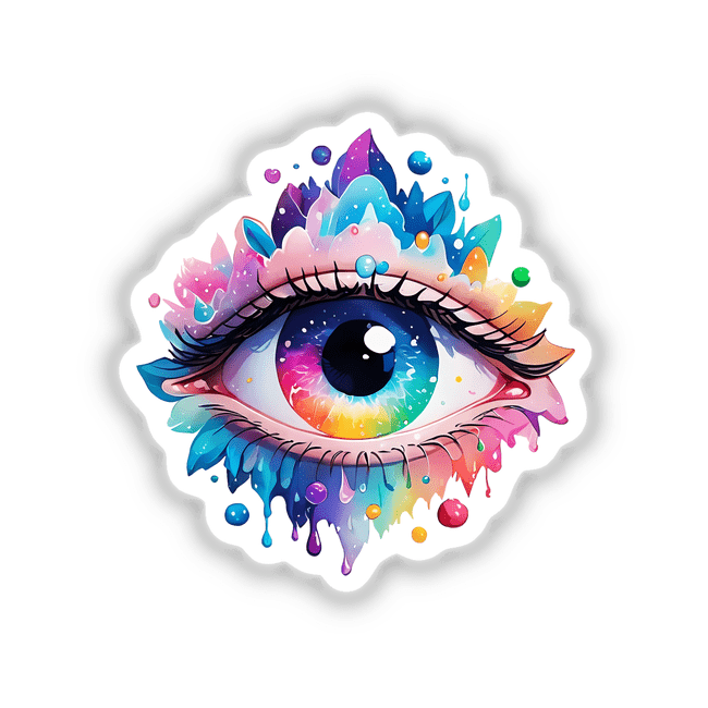 Colorful Splash Third Eye Sticker featuring a vibrant, psychedelic eye design with rainbow hues, perfect for adding a touch of unique, artistic flair to any surface.