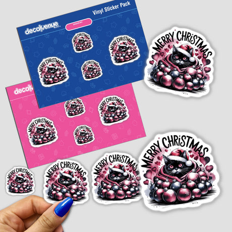 Black Cat Merry Christmas Cozied in Ornaments sticker featuring a cat in a Santa hat surrounded by festive ornaments, held by a hand with blue nail polish. Available as stickers or digital artwork.