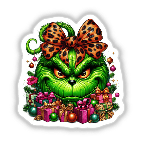 Leopard Bow Christmas Green Grouch Pumpkin Face sticker featuring a cartoon character with a bow, surrounded by presents and gift boxes. Available as stickers or digital artwork.