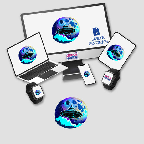 UFO-themed digital artwork featuring a UFO in front of a moon displayed on a laptop screen, with a monitor and smartphone also visible, available as stickers or digital artwork.