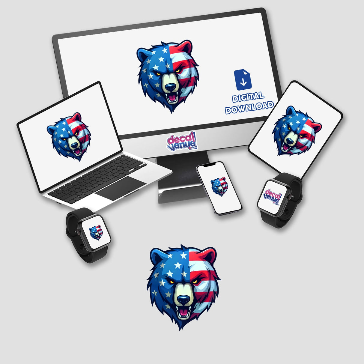 A Cool American Flag Bear displayed on a computer monitor and laptop, available as stickers or digital artwork from Decal Venue, specializing in unique stickers and digital art.