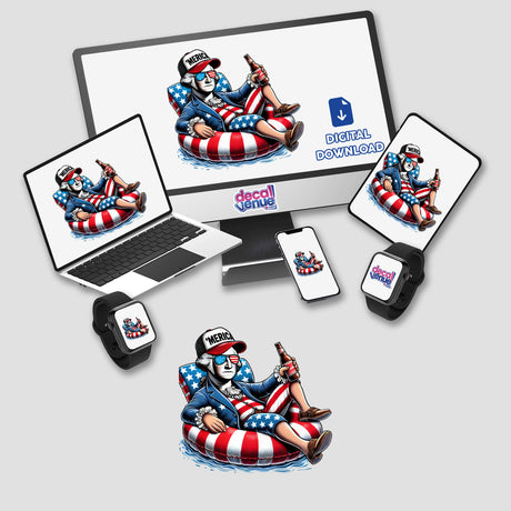 George Washington American Flag Float Merica stickers and digital artwork displayed on a computer, laptop, and smartwatch screen, featuring a cartoon of George Washington in a patriotic outfit.