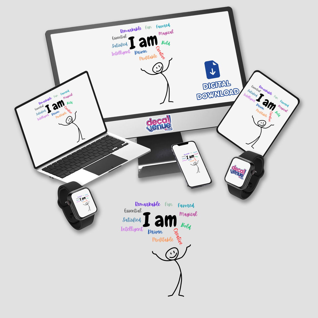 Group of electronic devices displaying I Am Inspirational Quotes as stickers or digital artwork, featuring a laptop with a cartoon character and a tablet with a stick figure drawing.