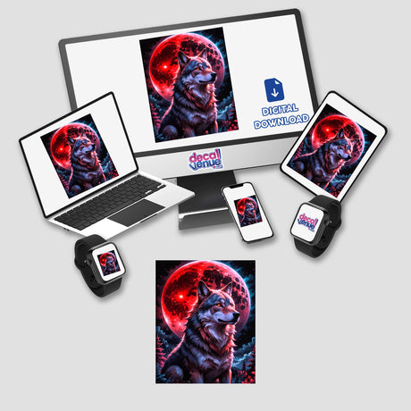 A laptop displaying A Wolf In The Night With A Blood Moon digital artwork, featuring a wolf with red eyes against a moonlit backdrop, available as stickers or digital art.