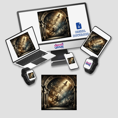 Baroque Noir - Dramatic Chiaroscuro with a Modern Edge depicted on a computer monitor, laptop, tablet, and phone, showcasing unique stickers and digital artwork.