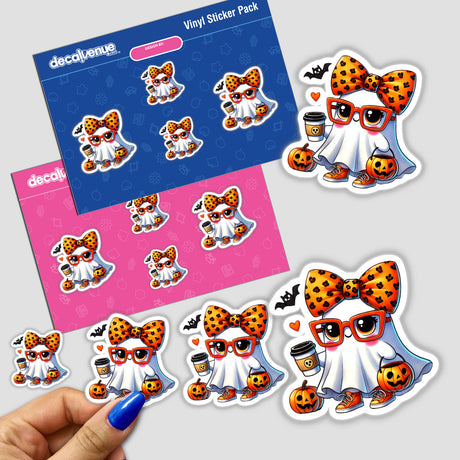 Cute Ghost with Orange Bow with Bat stickers, featuring playful cartoon characters including a ghost holding coffee and pumpkins, showcased on a person’s finger with blue nail paint.