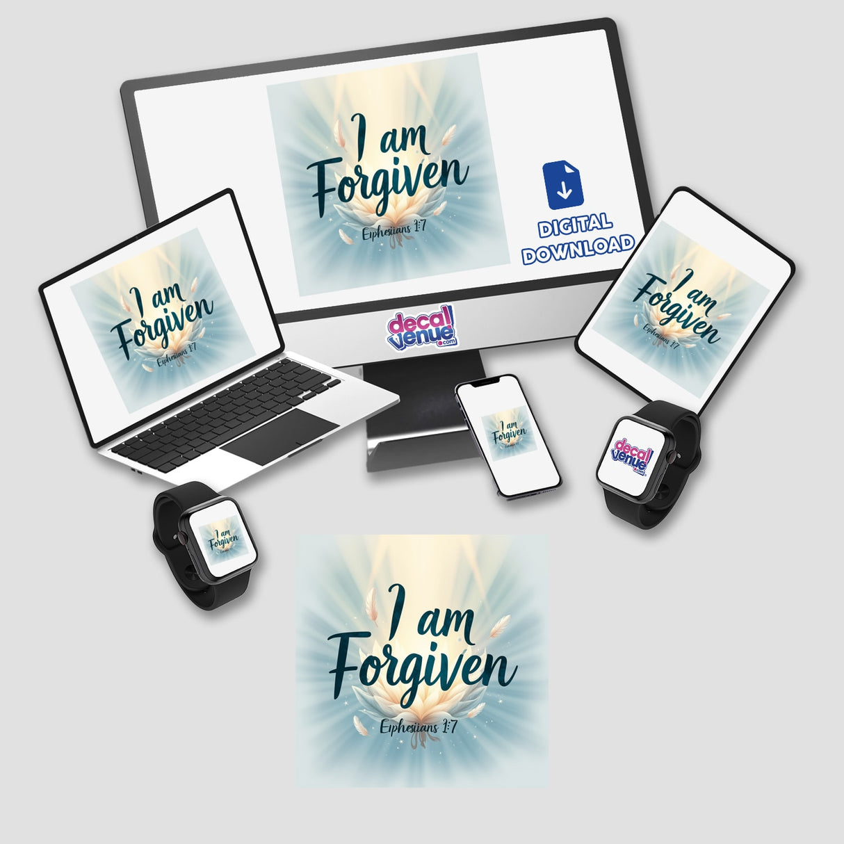 I Am Forgiven - Ephesians 1:7 sticker or clipart features electronic devices like a laptop and smartwatch, embodying peace and forgiveness, from Decal Venue's unique sticker and digital art collection.