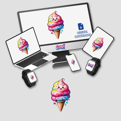 Happy Ice Cream Cone sticker or digital artwork displayed on various devices, including a laptop, tablet, phone, and smartwatch, featuring a cheerful cartoon ice cream cone with a smiling face.