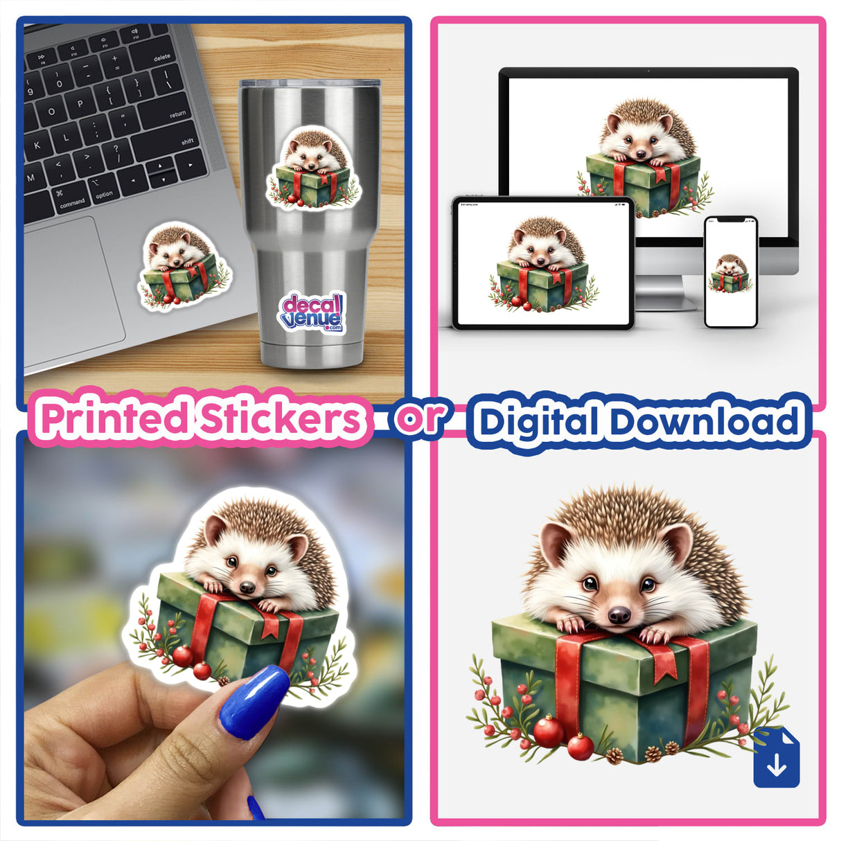 Hedgehog on Christmas Present Box: A collage featuring a hedgehog nestled in a gift box, available as stickers or digital artwork from Decal Venue, highlighting unique designs.