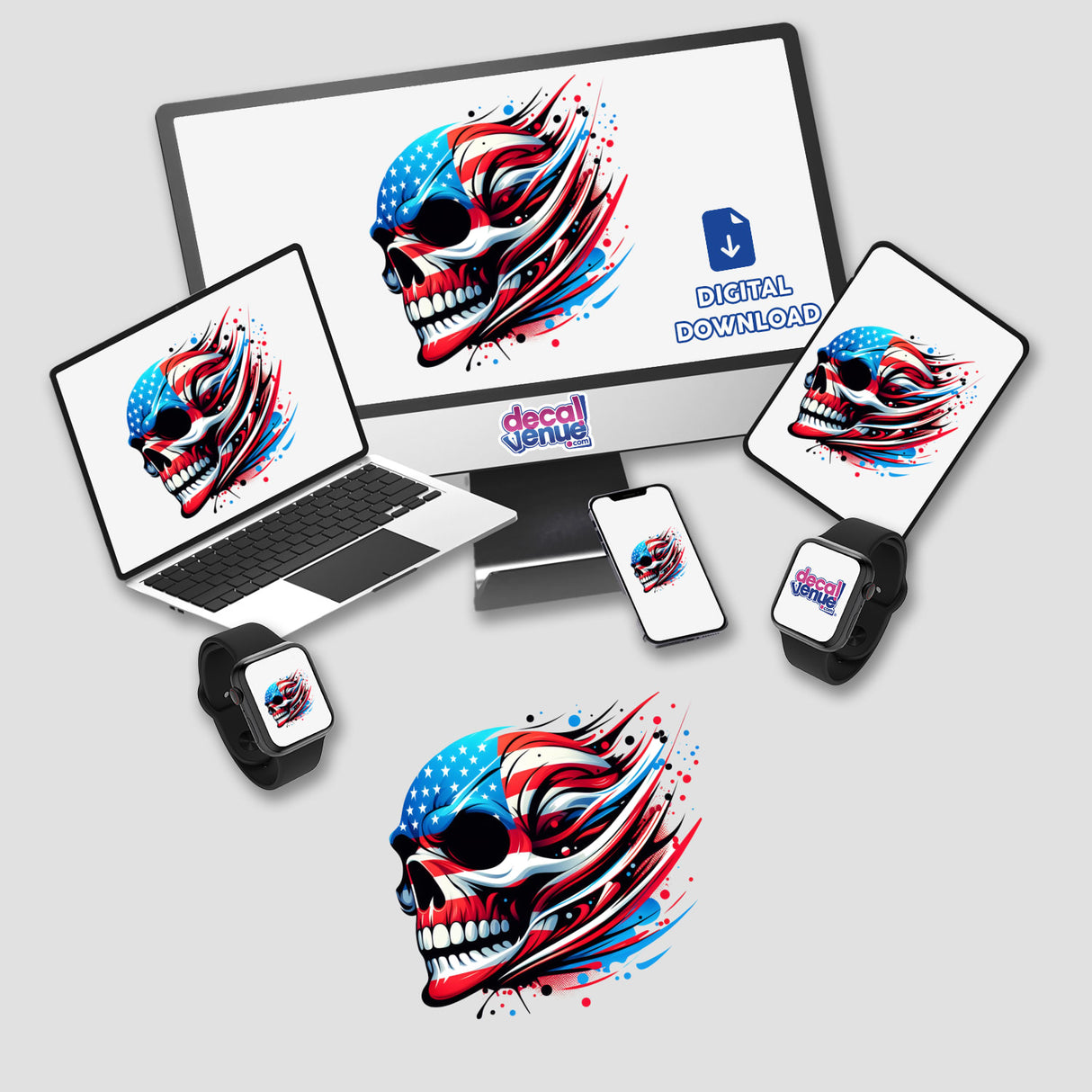 American Flag Skull design displayed on a computer monitor, laptop, and smartwatch, showcasing its versatility as a sticker or digital artwork from Decal Venue.