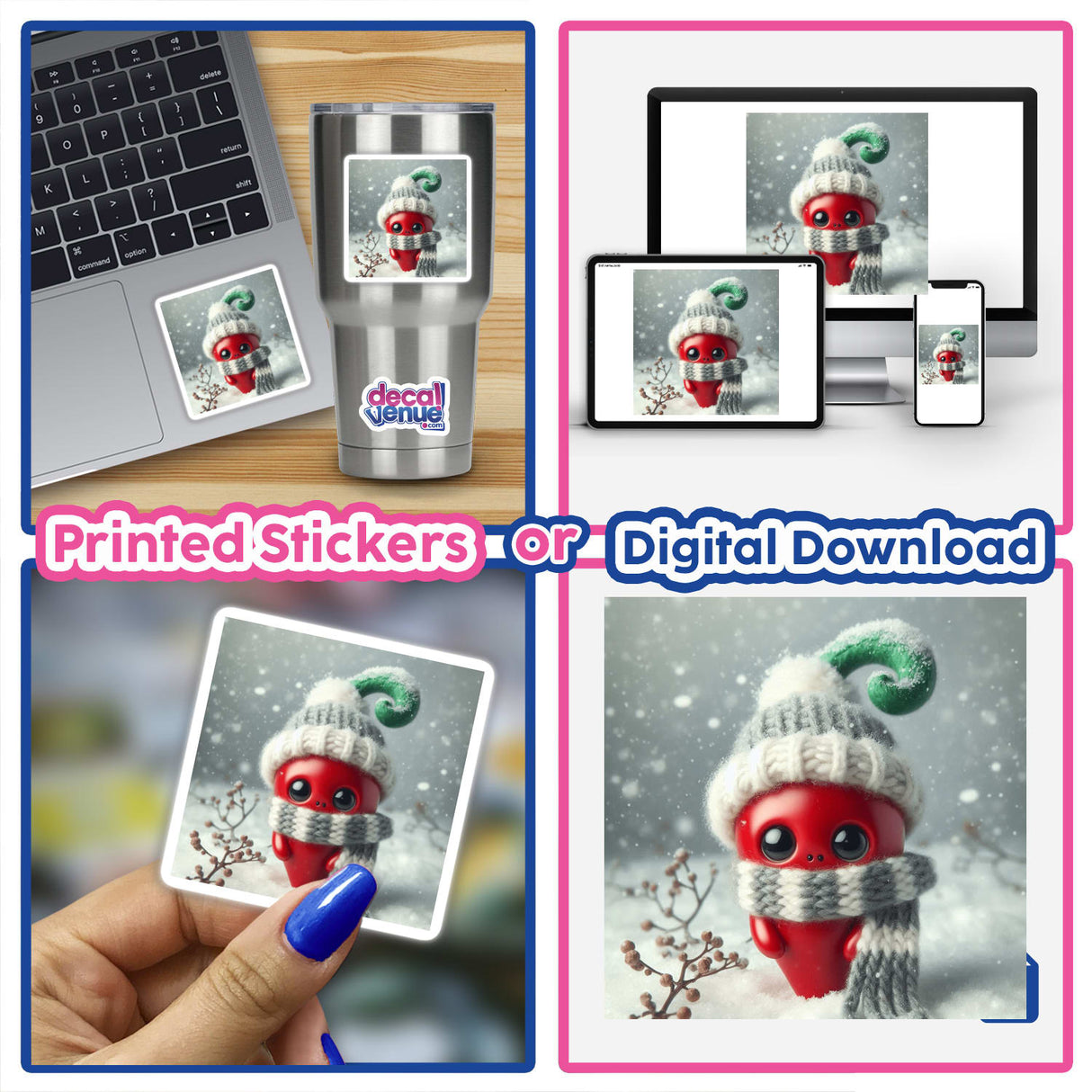 Chili Pepper stickers and digital artwork featuring a playful red cartoon character with a knitted hat and scarf, displayed alongside a laptop and silver mug.