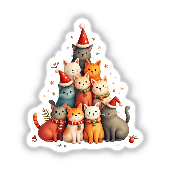 Christmas Cats: A playful illustration of several cartoon cats wearing scarves and hats, nestled in a Christmas tree. Available as unique stickers or digital artwork from Decal Venue.