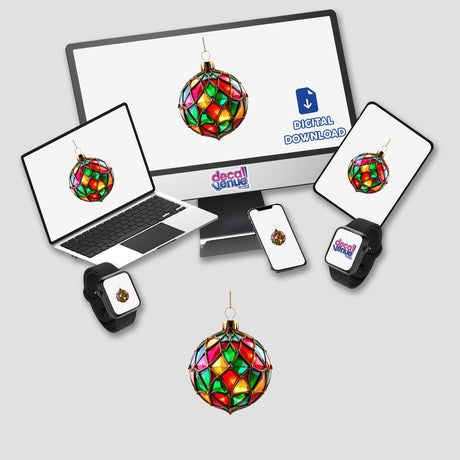 Christmas Ornament Stained Glass Style depicted on a computer monitor and laptop, showcasing colorful digital artwork. Available as stickers or digital artwork from Decal Venue.