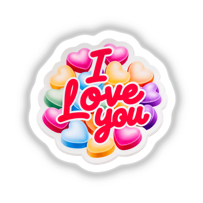 I Love You Valentine's Day Candy Hearts sticker, featuring a detailed heart-shaped candy design, perfect for unique decorative purposes. Available as a sticker or digital artwork from Decal Venue.