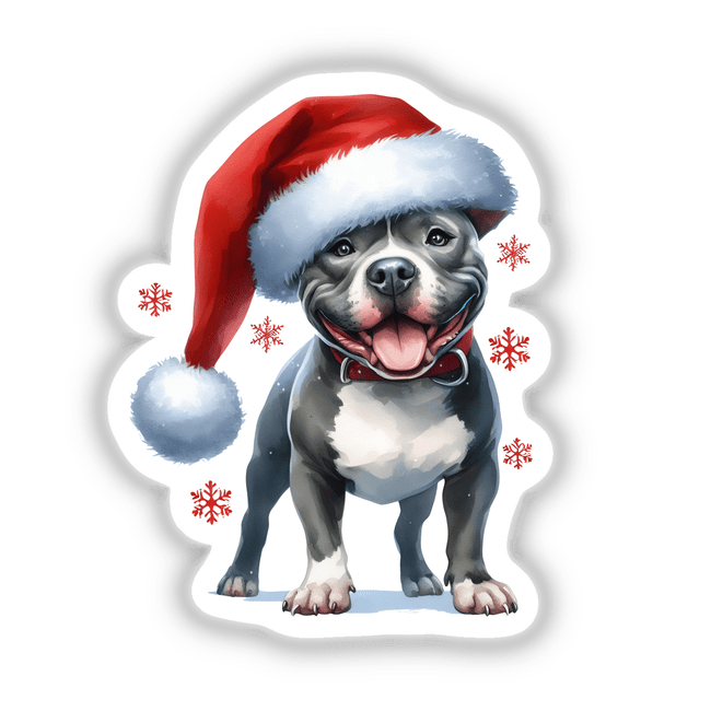 Christmas Pitbull Dog in Santa Hat II: A festive image of a pitbull wearing a Santa hat, available as stickers or digital artwork, capturing holiday spirit with charm and whimsy.