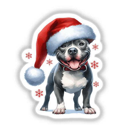 Christmas Pitbull Dog in Santa Hat II: A festive image of a pitbull wearing a Santa hat, available as stickers or digital artwork, capturing holiday spirit with charm and whimsy.