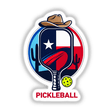 Pickleball Texas Theme Cowboy Hat Cactus logo featuring a cowboy hat, cactus, and emblematic pickleball elements, available as unique vinyl stickers or digital artwork from Decal Venue.