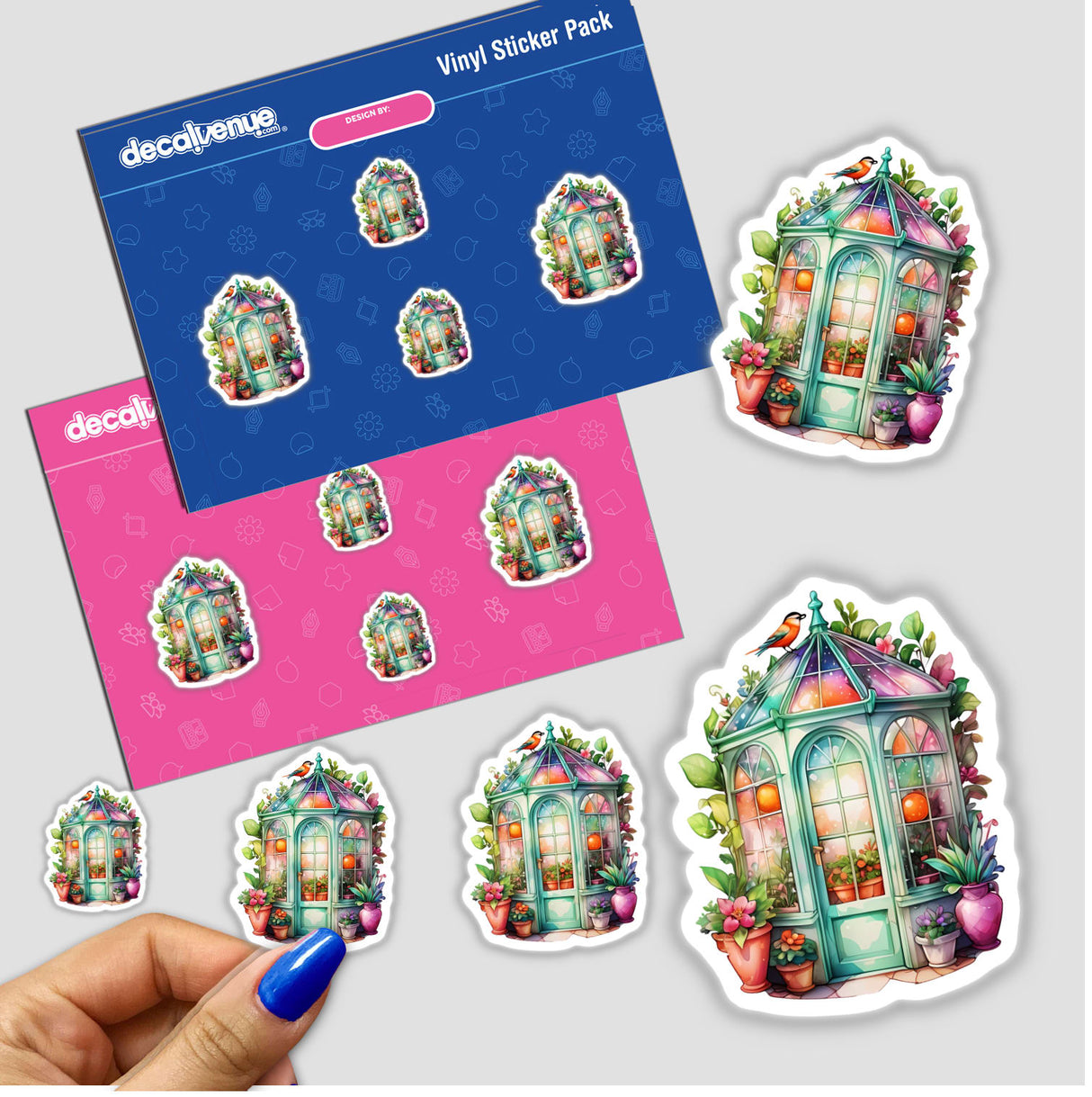 Romantic Garden Gazebo Sticker features a whimsical floral illustration with a colorful house adorned with plants and a bird, part of Decal Venue's unique stickers and digital art collection.