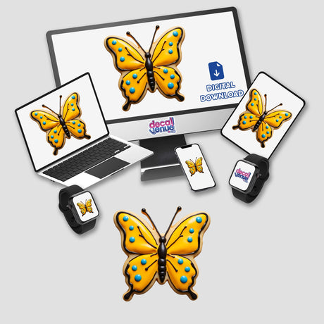 Butterfly Shaped Cookie with Yellow Wings and Blue Dots displayed on a laptop screen.