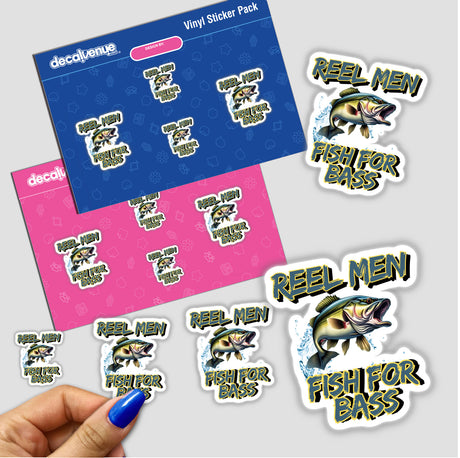 Hand holding a pack of Bass fishing stickers, featuring various fish designs and fishing-themed graphics.