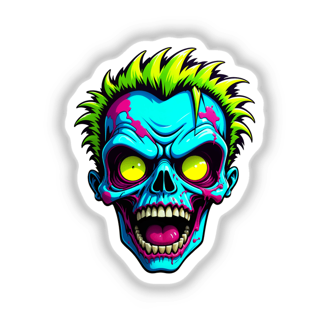 A Cool Neon Punk Skull cartoon, featuring exaggerated teeth and vibrant details, available as unique stickers or digital artwork from Decal Venue.