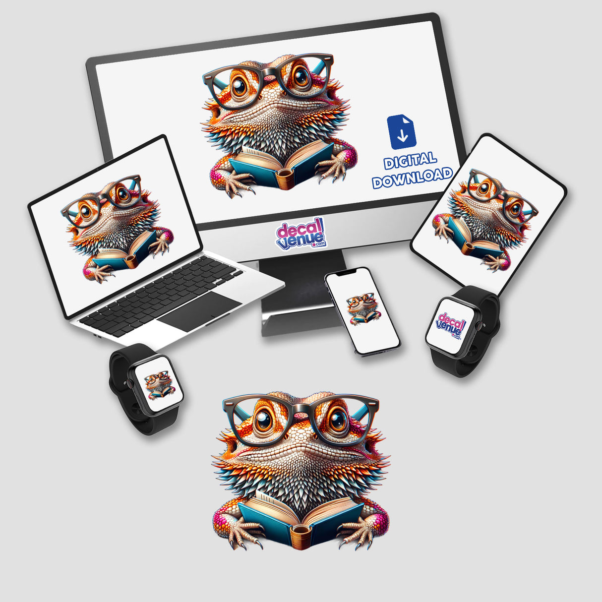 Bearded Dragon With Reading Glasses Open Book depicted on various digital devices, including a laptop and smartwatch, available as stickers or digital artwork from Decal Venue.