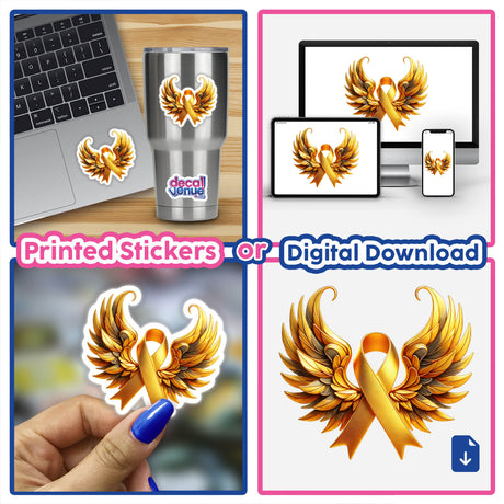 Gold Awareness Ribbon with Wings featured on a laptop, showcasing its intricate design. Available as a sticker or digital artwork, highlighting Decal Venue's unique collection of vinyl stickers and digital art.