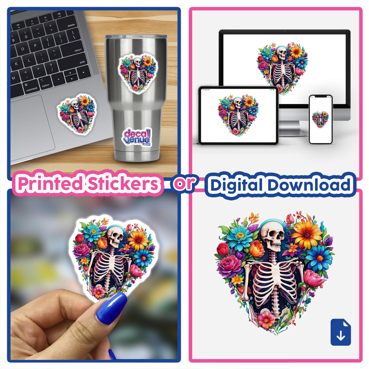 Skeleton heart collage featuring vibrant flowers, available as stickers or digital artwork.