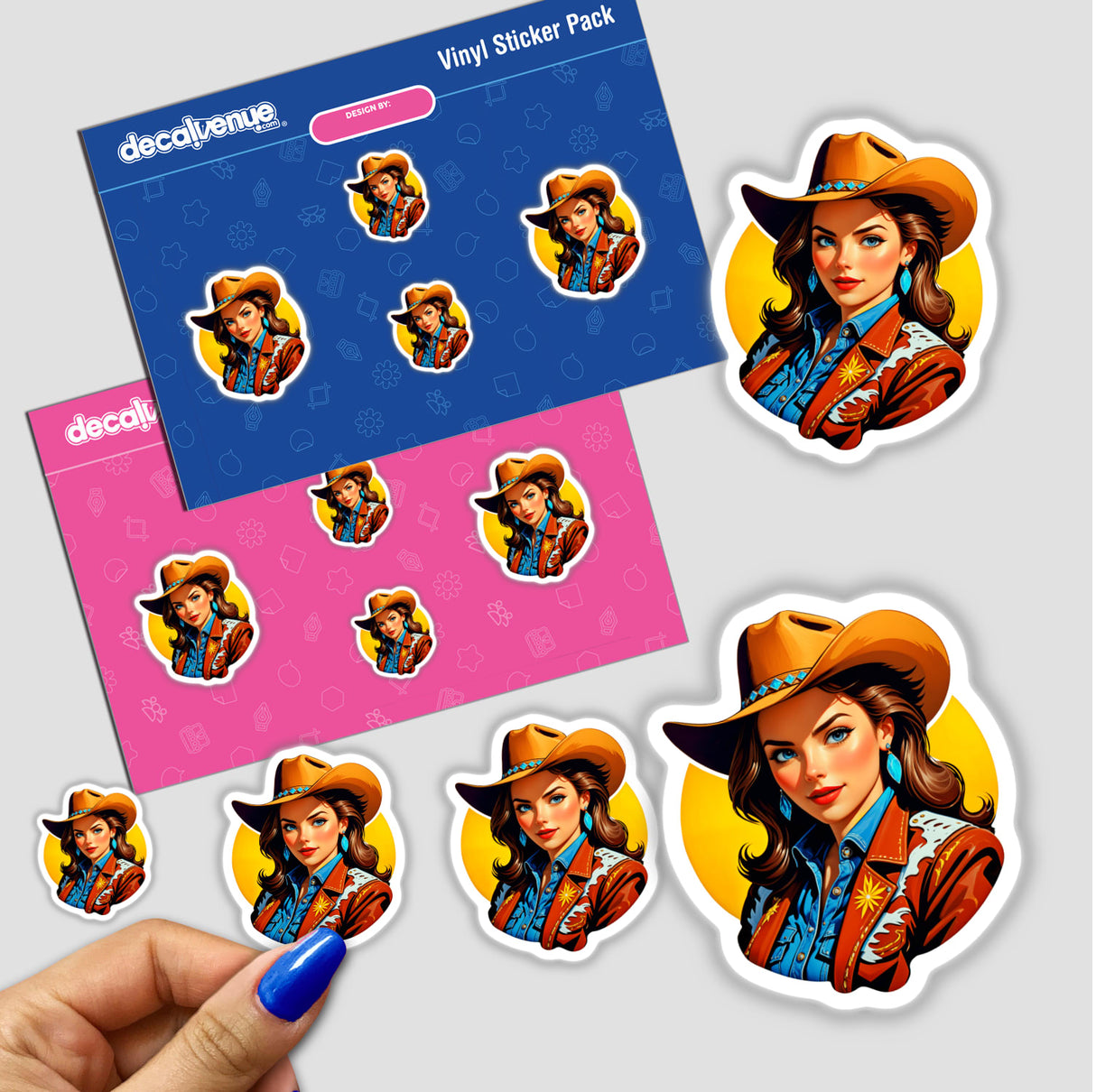 A Cute American Cowgirl sticker featuring a cartoon woman in a cowboy hat, perfectly capturing the unique and playful style of Decal Venue's sticker and digital art collection.