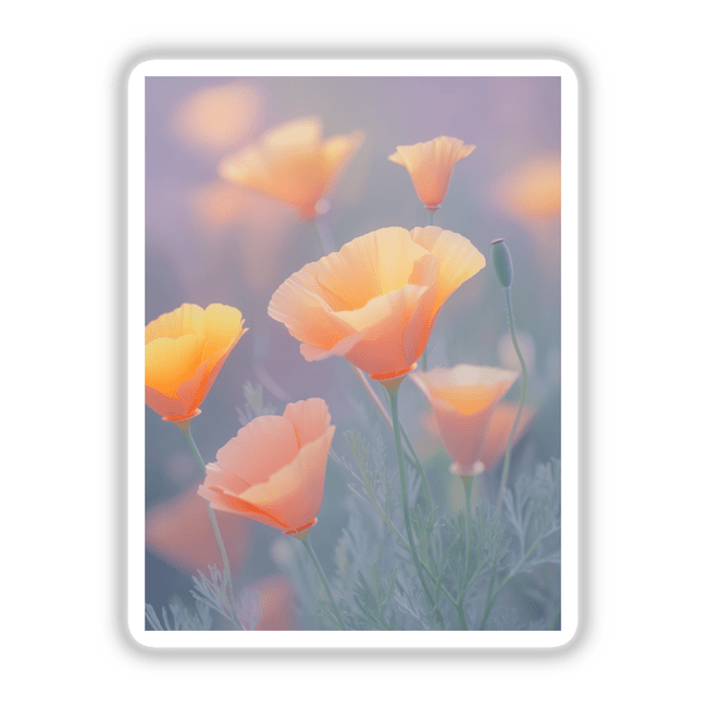 Dreamy Pastel California Poppies in Gentle Bloom features a detailed close-up of poppy flowers, available as stickers or digital artwork, highlighting the intricate petals and natural elegance.