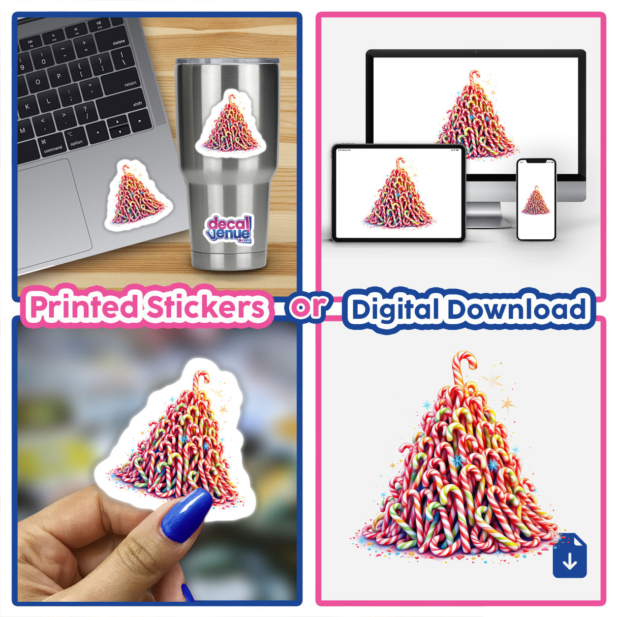 Candy Cane Stacked Pyramid sticker on a laptop, showcasing festive candy canes arranged in a pyramid. Available as unique stickers or digital artwork, embodying Decal Venue's creative essence.