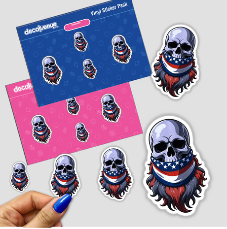 A Cool Skull With An American Flag Bandana sticker featuring a skull with a beard and a red, white, and blue bandana, highlighted alongside other sticker designs and a hand with blue nail polish.