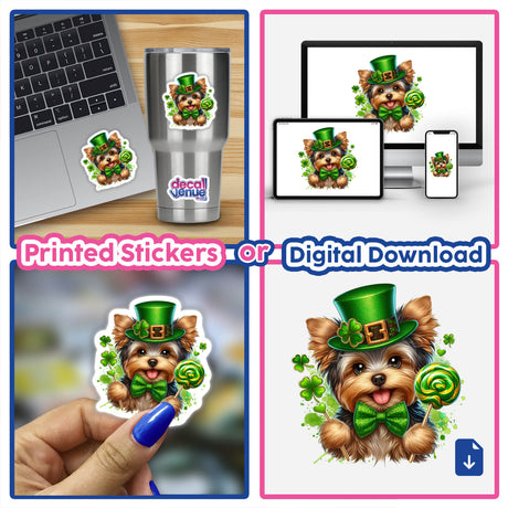 St Patrick's Yorkie Dog Holding Lollipop sticker collage, featuring a cute dog in a hat and bow tie. Available as unique stickers or digital artwork from Decal Venue.