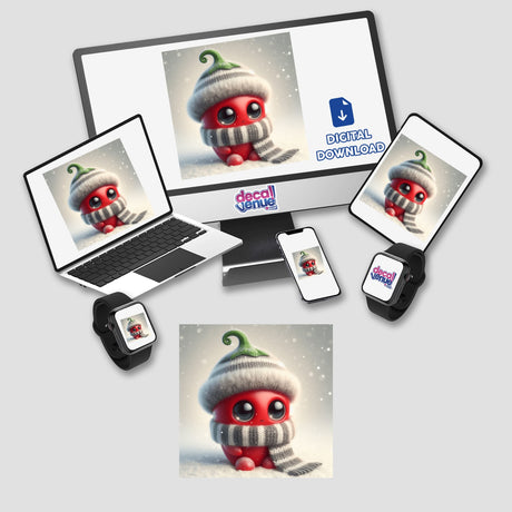 Chili Pepper-themed digital artwork featuring a cartoon character on a laptop screen, phone, and smartwatch, available as stickers or digital art from Decal Venue.