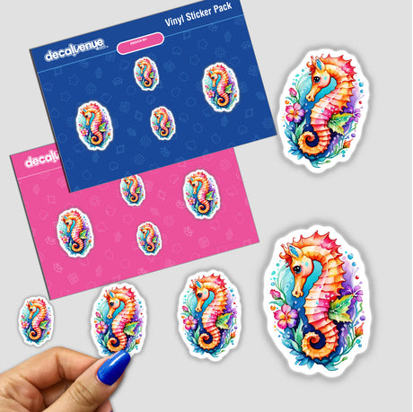 Sticker of a cute seahorse intertwined with flowers, held by a hand, showcasing intricate details and delicate design. Available as stickers or digital artwork from Decal Venue.