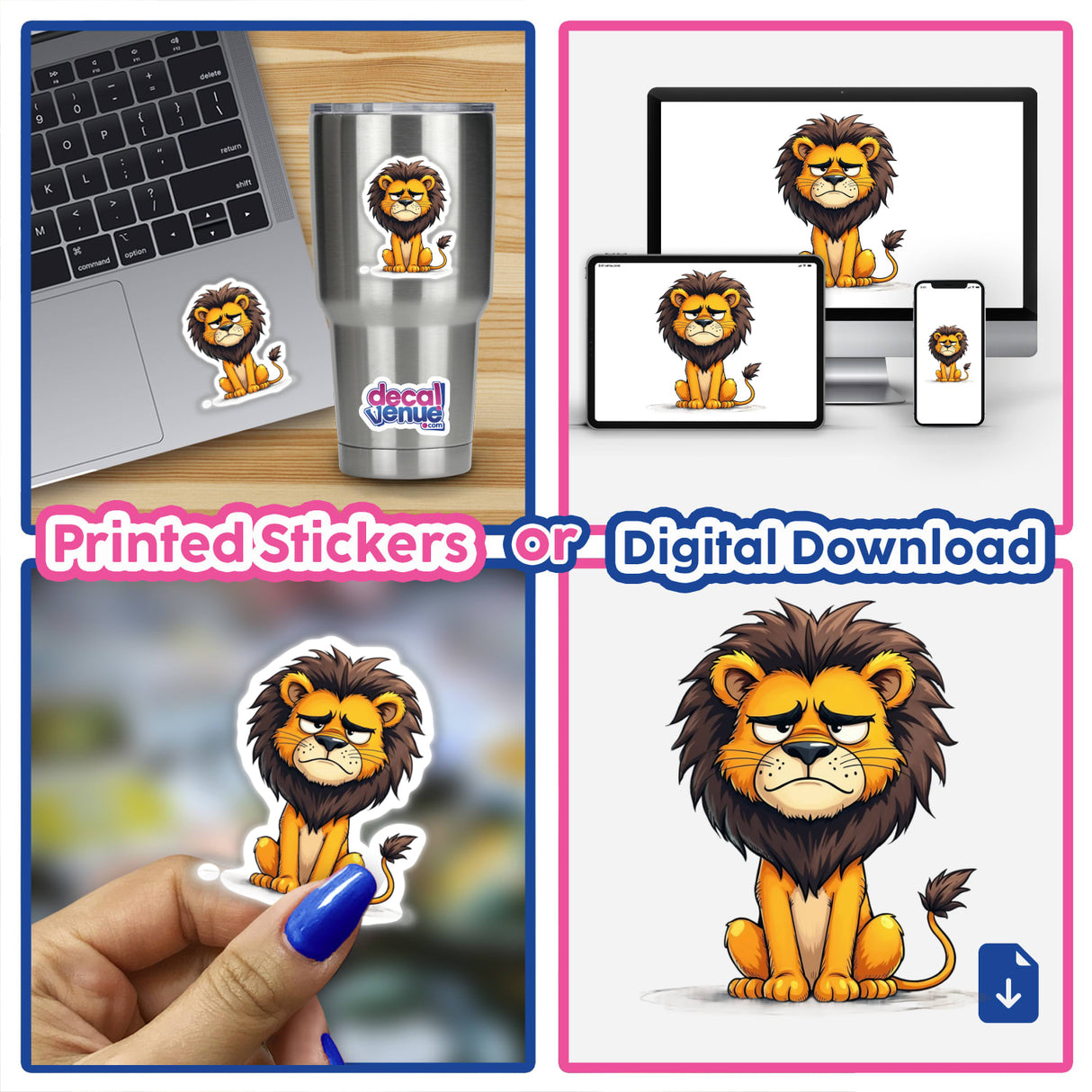 Collage featuring the product Lion with Grumpy Facial Expression as stickers and digital artwork, including images of the grumpy lion on cups, laptops, and other digital devices.