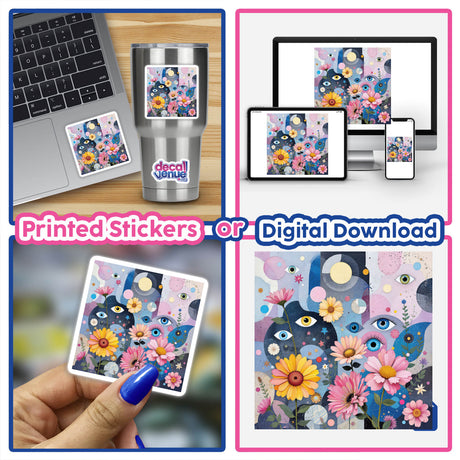 Blooming Vision: A collage featuring stickers and digital artwork of flowers and laptops, embodying creativity and technology, available at Decal Venue.