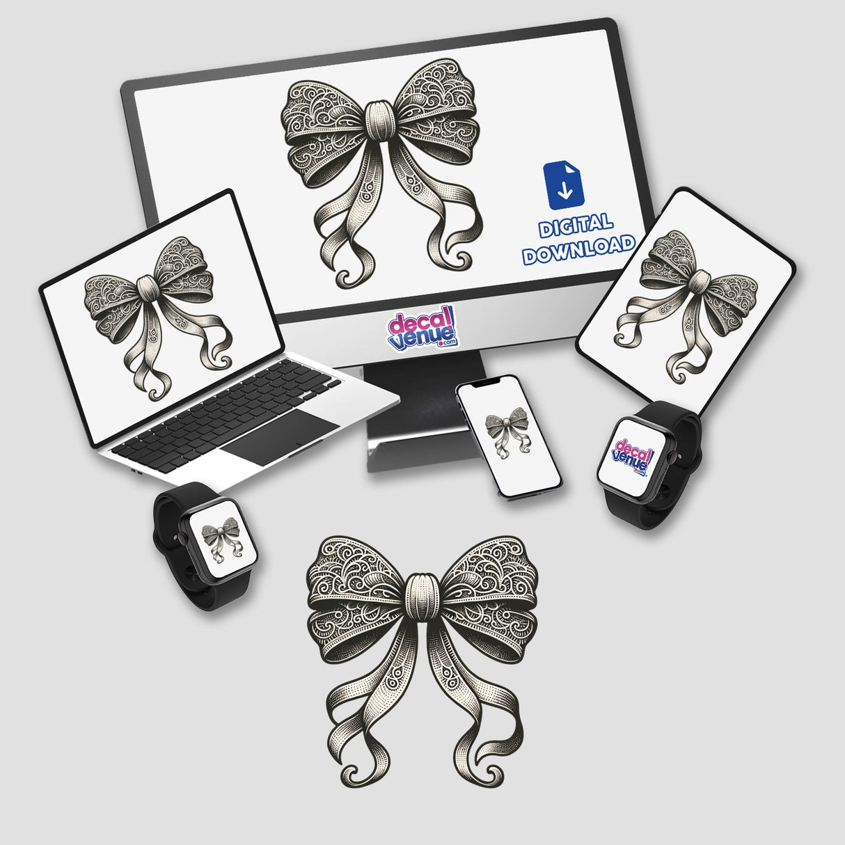 Elegant lace bow digital artwork showcased across multiple devices including a laptop, smartphone, and smartwatch. The intricate, ornate bow design is prominently featured, highlighting the high-quality digital content available from Decal Venue.