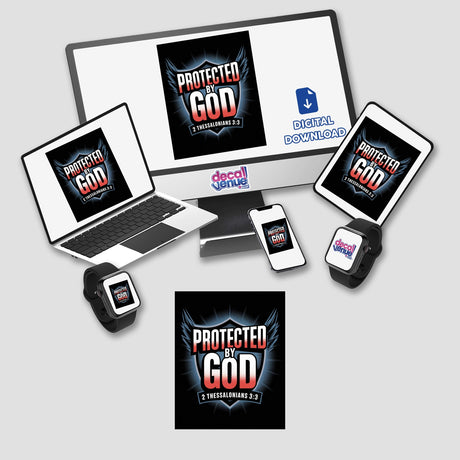 Protected by God Christian Sticker featuring 2 Thessalonians 3:3 displayed on a laptop and phone, available as a sticker or digital artwork with commercial rights.