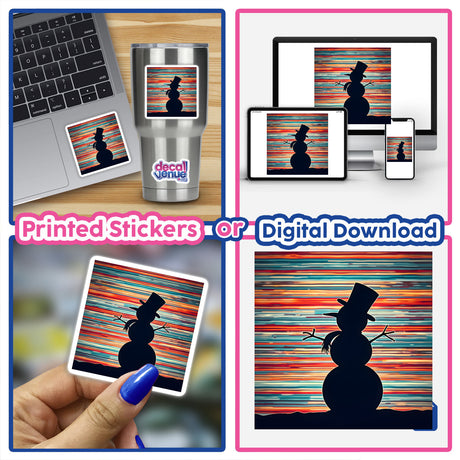 Snowman Silhouette with Vibrant Stripes Christmas: a collage featuring a snowman image on a laptop, a person holding its picture, and close-ups of a mug and fingernail.