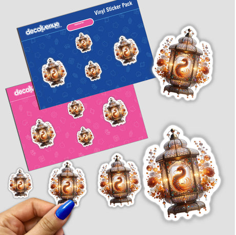 Sticker pack featuring the Intricately Designed Lantern with a hand holding one sticker, showcasing detailed artwork of a lantern with a bird inside.