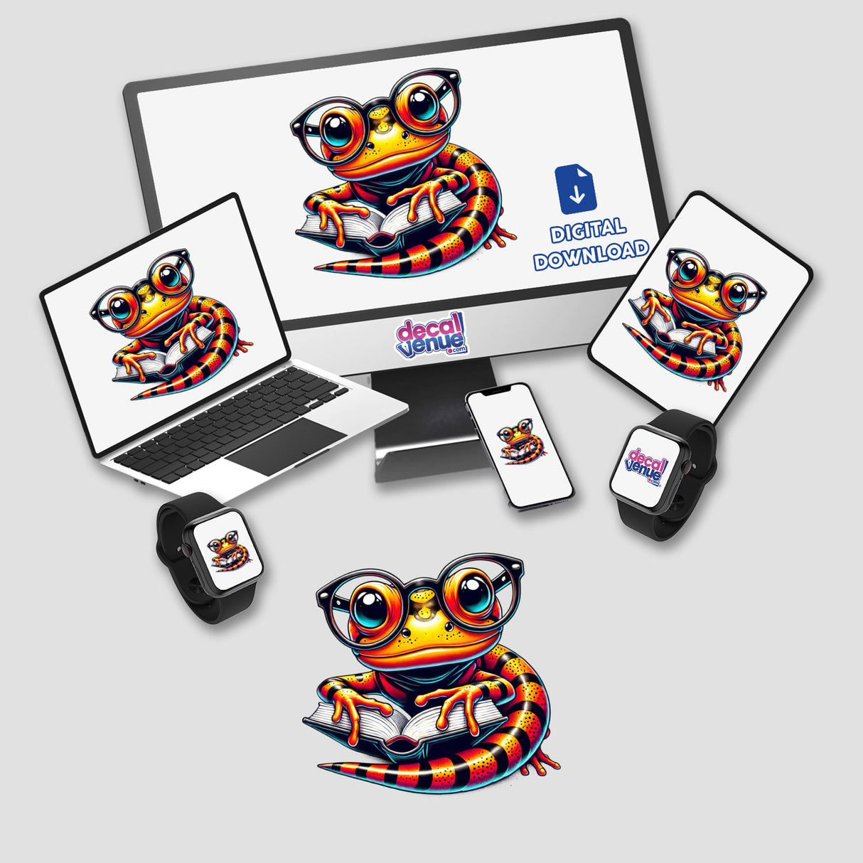 Cartoon lizard with reading glasses holding an open book, displayed on digital screens, available as stickers or digital artwork titled Newt With Reading Glasses Open Book from Decal Venue.