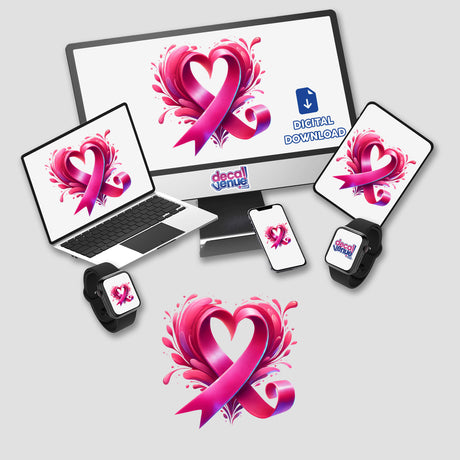 Breast Cancer Heart Shaped Ribbon displayed on a computer monitor and laptop, available as stickers or digital artwork from Decal Venue.